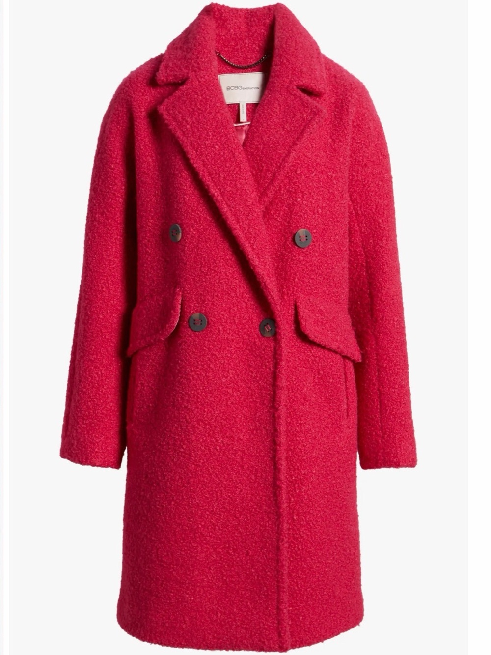 BCBGeneration Bouclé Double-Breasted Teddy Coat in Hot Pink